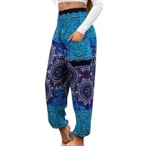 Harem Hippie Pants with Pockets - Loose Boho Yoga Beach Lounge Gypsy Pants - Med